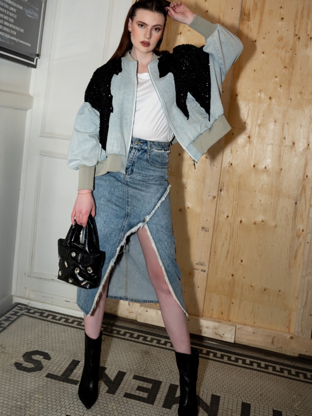 Kate Hewko 
High-Slit Light Blue Denim Midi Skirt